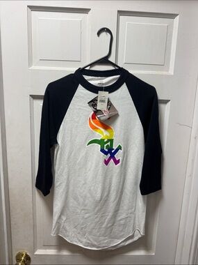 Stitches White & Black Raglan Tee with Rainbow Sox Logo